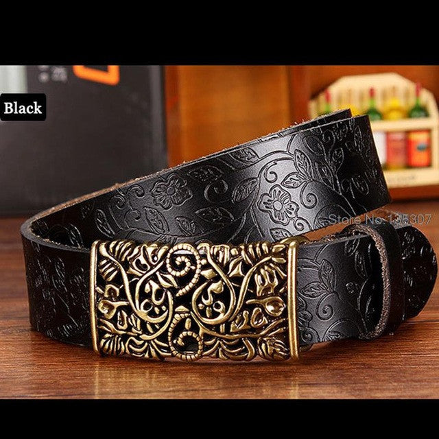 new fashion cow genuine leather belt woman vintage floral metal buckle wide belts for women top quality strap for female jeans