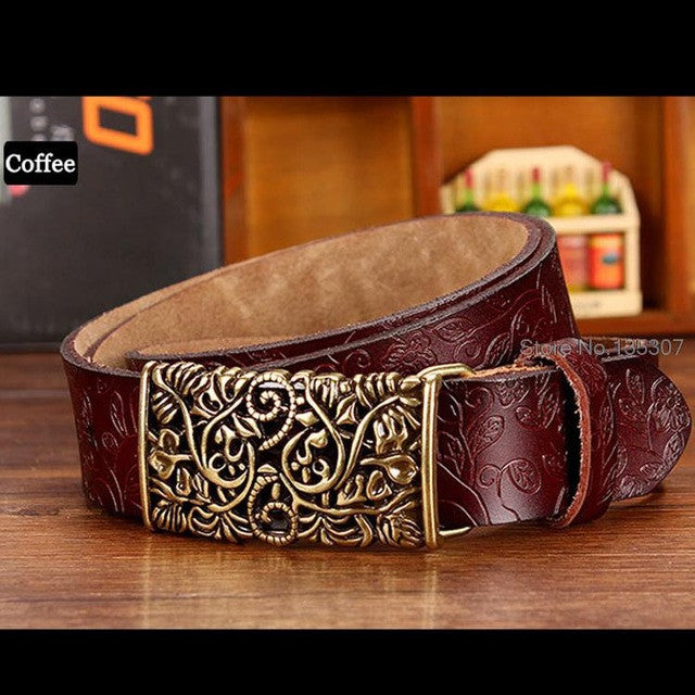 new fashion cow genuine leather belt woman vintage floral metal buckle wide belts for women top quality strap for female jeans