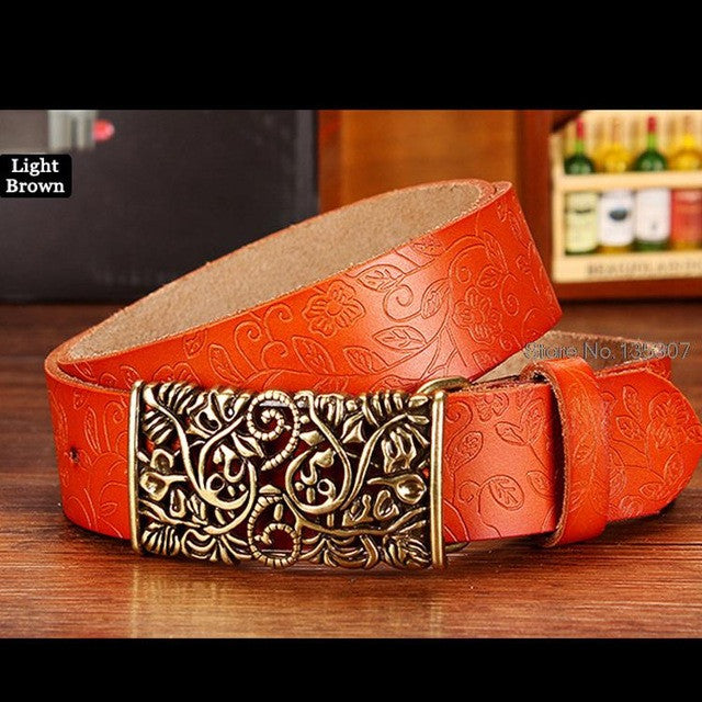 new fashion cow genuine leather belt woman vintage floral metal buckle wide belts for women top quality strap for female jeans