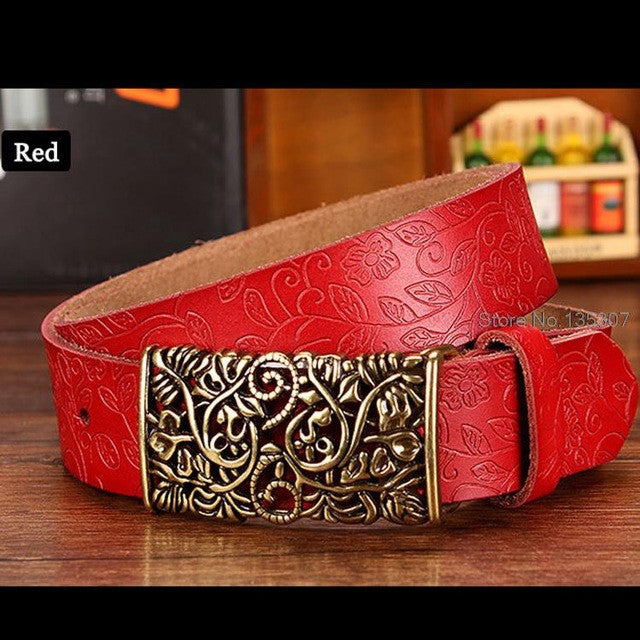 new fashion cow genuine leather belt woman vintage floral metal buckle wide belts for women top quality strap for female jeans