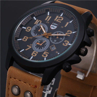 new business quartz watch men sport military watches men corium leather strap army wristwatch clock hours complete calendar light brown