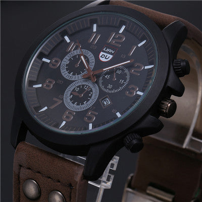 new business quartz watch men sport military watches men corium leather strap army wristwatch clock hours complete calendar brown