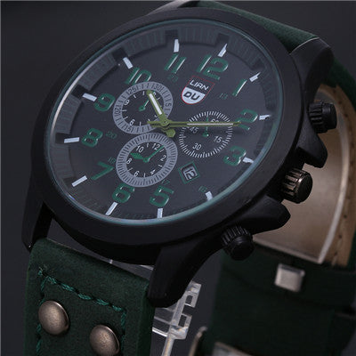 new business quartz watch men sport military watches men corium leather strap army wristwatch clock hours complete calendar green