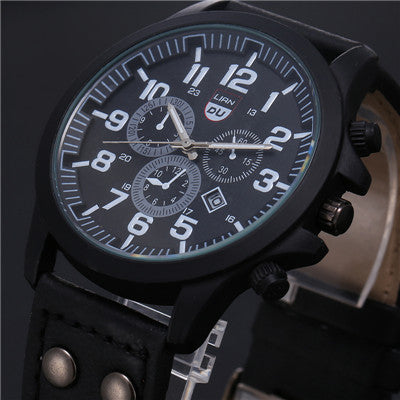 new business quartz watch men sport military watches men corium leather strap army wristwatch clock hours complete calendar black