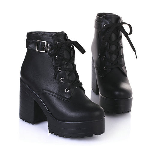 esveva 3 color winter lace-up sexy women boots fashion platform punk high square heels black buckle ankle boots plus size 34-43