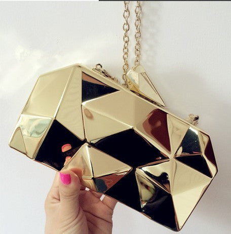 new fashion geometric three-dimensional metal chain ladies handbag evening bag day clutches mini purse wedding party bag gold