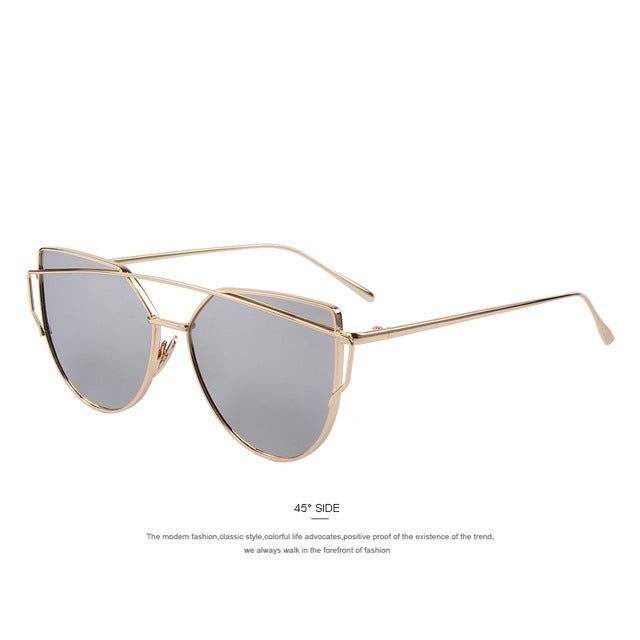 merry's fashion women cat eye sunglasses classic brand designer twin-beams sunglasses coating mirror flat panel lens c06 gold silver