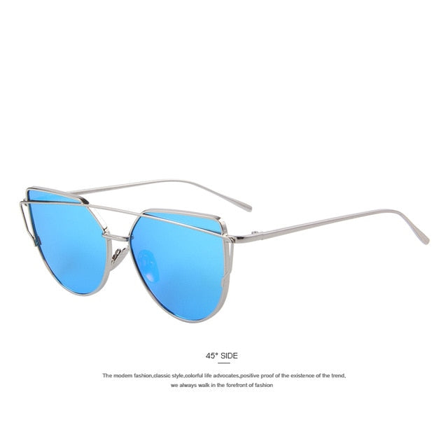 merry's fashion women cat eye sunglasses classic brand designer twin-beams sunglasses coating mirror flat panel lens c09 silver blue