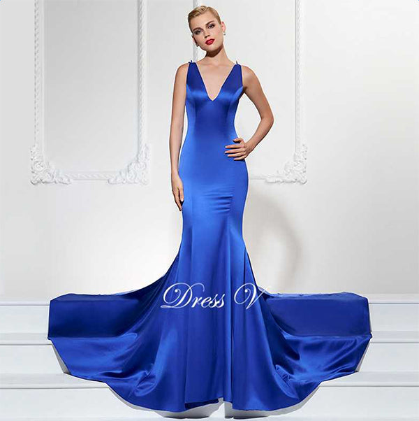dress-v long evening dress sexy v neck mermaid sweep train luxurious formal party dress trumpet lace evening dresses