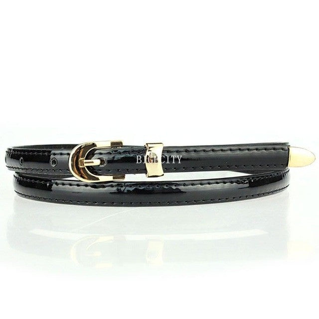 women candy color narrow thin skinny pu leather waist belt black