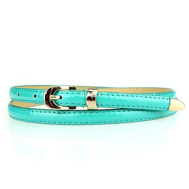 women candy color narrow thin skinny pu leather waist belt cyan