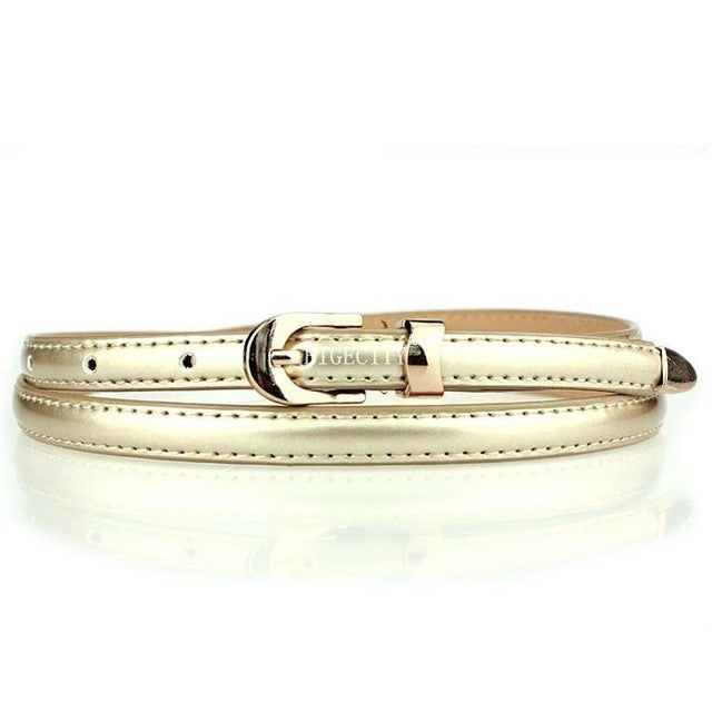 women candy color narrow thin skinny pu leather waist belt gold