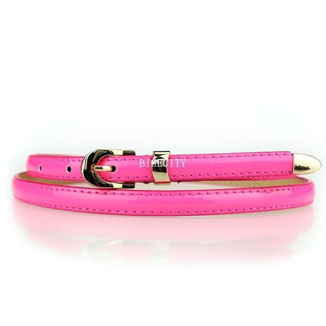 women candy color narrow thin skinny pu leather waist belt hotpink