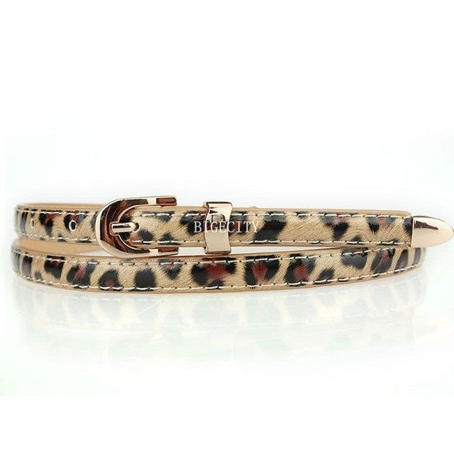 women candy color narrow thin skinny pu leather waist belt leopard