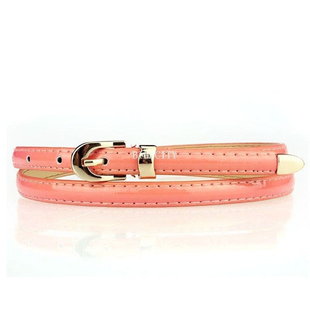 women candy color narrow thin skinny pu leather waist belt peach