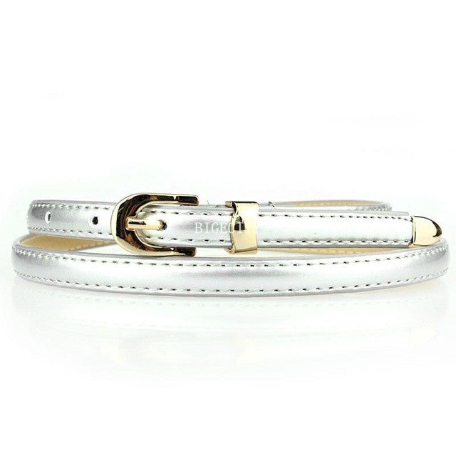 women candy color narrow thin skinny pu leather waist belt silver