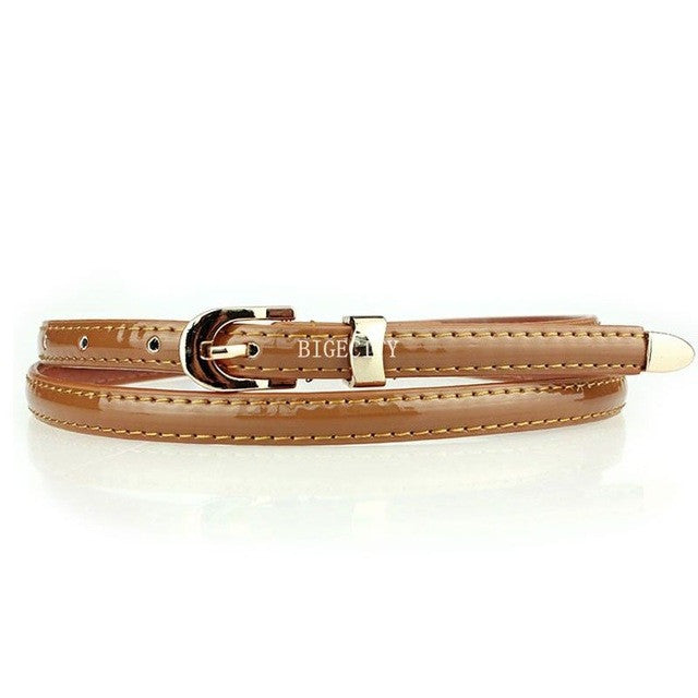 women candy color narrow thin skinny pu leather waist belt tan