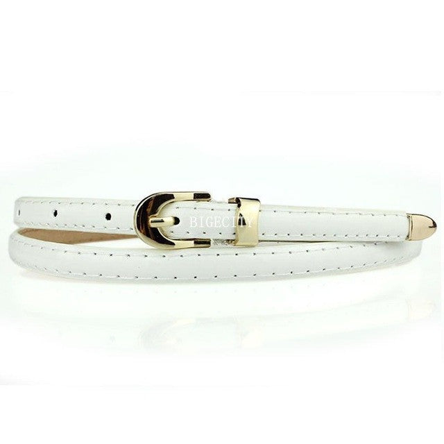 women candy color narrow thin skinny pu leather waist belt white