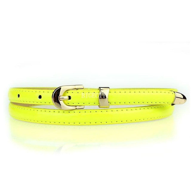 women candy color narrow thin skinny pu leather waist belt yellow