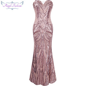 angel-fashions vestido de festa vintage flapper sequined mermaid long evening dress abendkleid pink