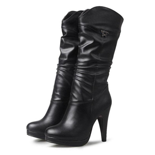 women water proof high heel mid calf boots woman sexy round toe heels shoes good quality half short botas feminina size 32-46