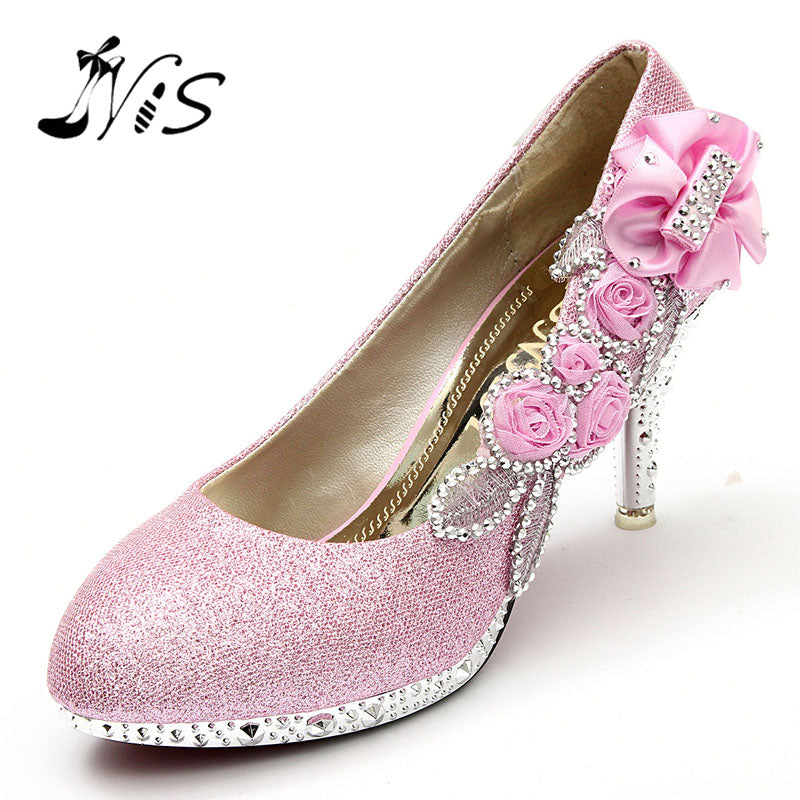 new design women girl wedding pumps bridal glitter fake crystal rose flower evening bridal shoes party 8cm high heel court shoes