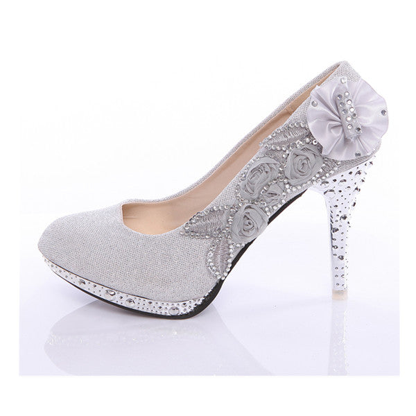 new design women girl wedding pumps bridal glitter fake crystal rose flower evening bridal shoes party 8cm high heel court shoes