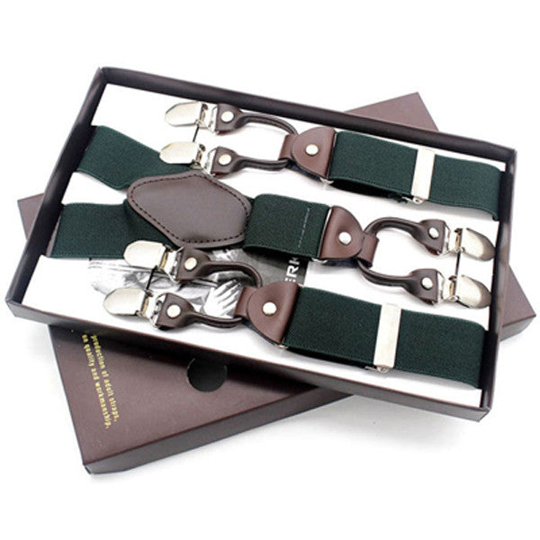 men's suspenders casual fashion braces high quality leather suspenders adjustable 6 clip  belt strap  7 colors army green