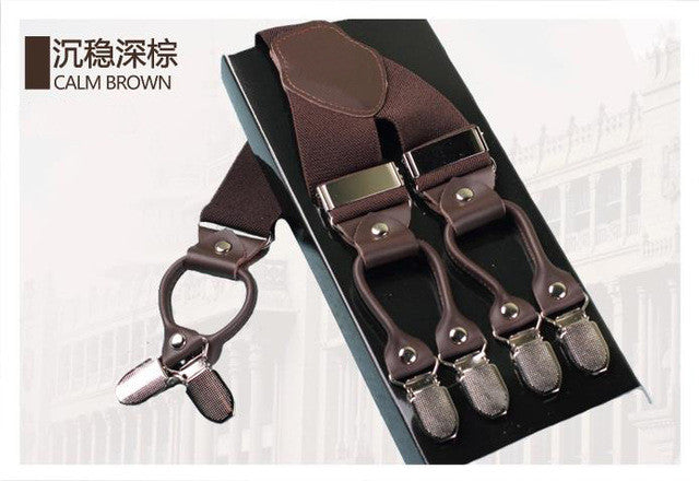men's suspenders casual fashion braces high quality leather suspenders adjustable 6 clip  belt strap  7 colors brown