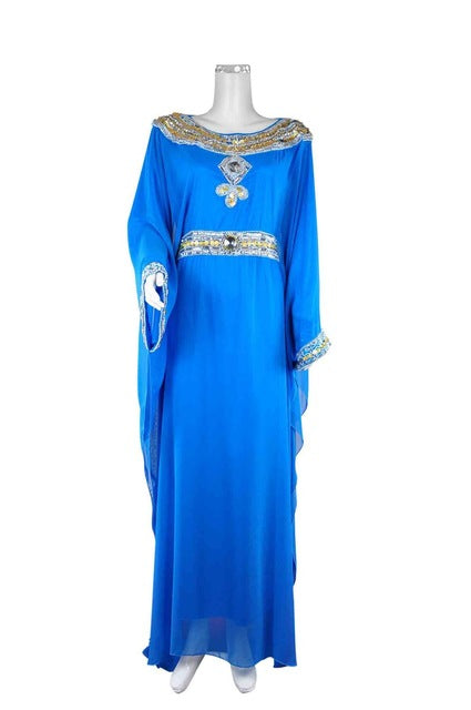 women embroidery long sleeve muslim abaya dress gown dubai moroccan kaftan caftan islamic abaya clothing turkish arabic dress blue / freesize