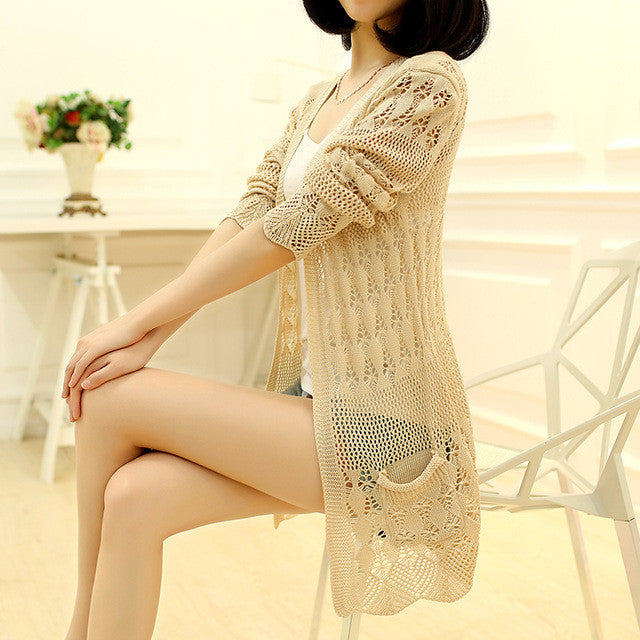 fashion knitted cardigan hollow long sleeve women sweater