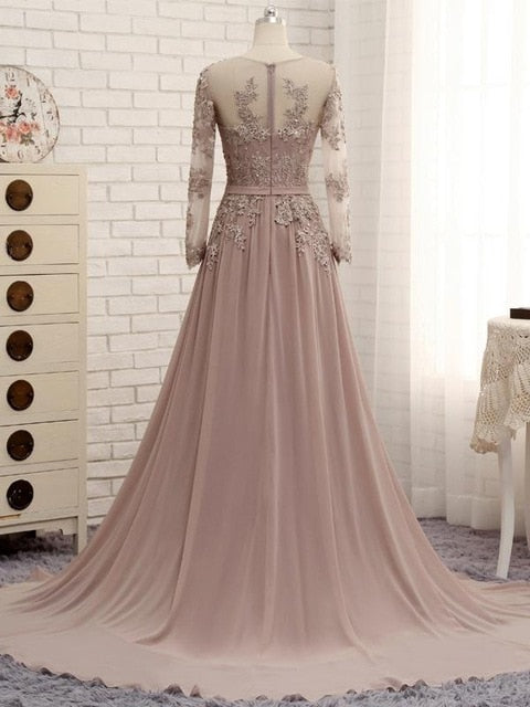 long sleeves beaded evening dresses party elegant gowns champagne chiffon a line vestidos de festa vestido longo robe de soiree