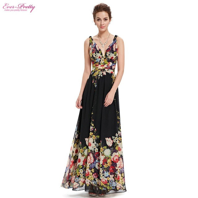 summer dresses sexy double v-neck sexy sleeveless black long flower print chiffon evening dress empire waist