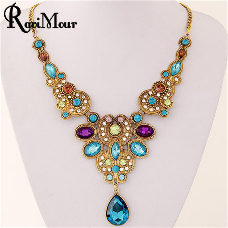 ravimour long blue crystal necklace for women vintage gold color statement necklaces & pendants indian choker colar jewelry