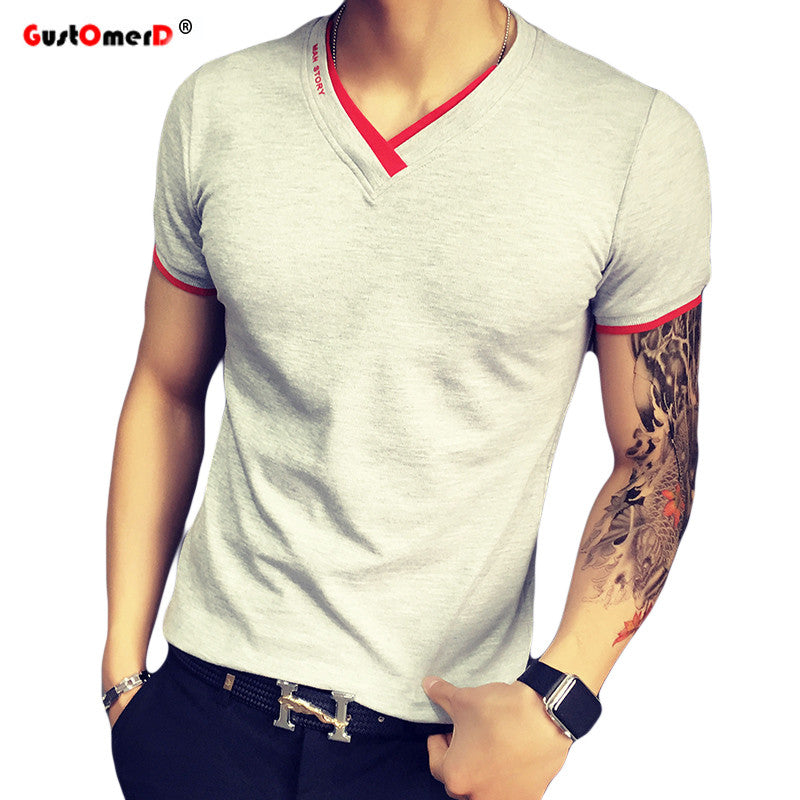 gustomerd 2017 summer fashion brand clothing men's short-sleeved t-shirts v-neck solid color t-shirt casual slim fit t shirt men