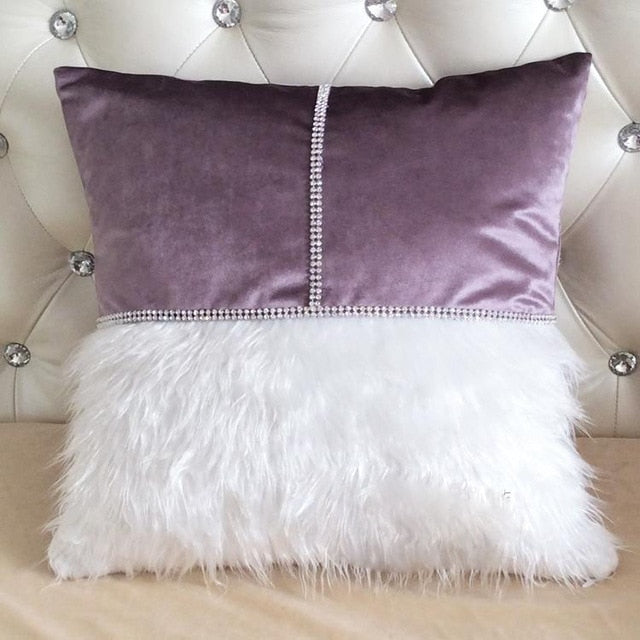 new beauty luxury diamond belt patchwork plush & velvet cushion cover lavender 45x45cm