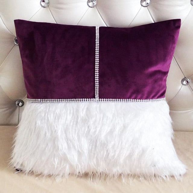 new beauty luxury diamond belt patchwork plush & velvet cushion cover purple 45x45cm