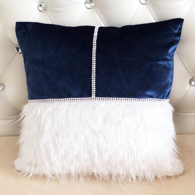 new beauty luxury diamond belt patchwork plush & velvet cushion cover navy 45x45cm