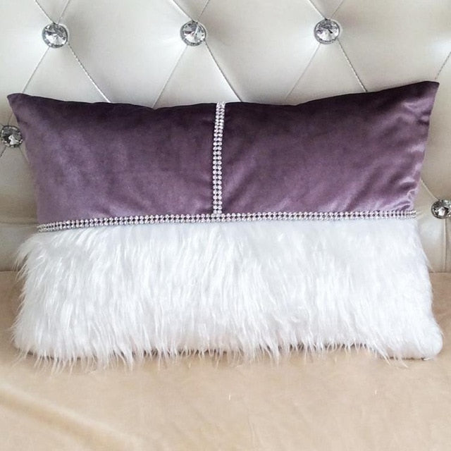 new beauty luxury diamond belt patchwork plush & velvet cushion cover lavender 30x45cm