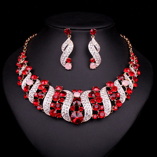 new red crystal choker necklace earrings bridal indian jewelry sets bride gold color jewellery wedding prom accessories women red