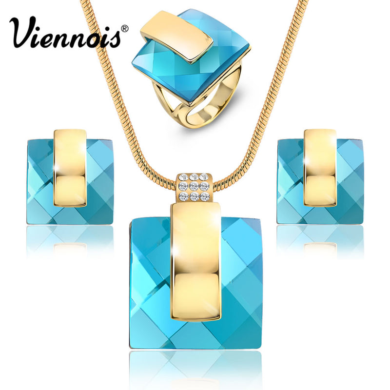 gold color blue stone square rhinestone earrings necklace jewelry set wedding party new women jewelry