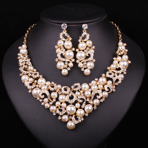 bridal jewelry sets wedding necklace earring for brides party accessories gold color imitation pearl  women christmas gift gold-color