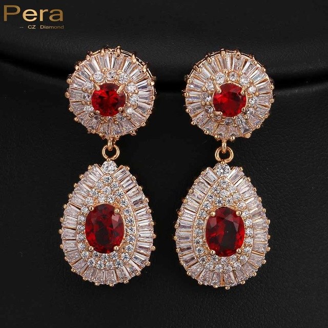 luxury gold color big round cubic zirconia stone bridal earrings red