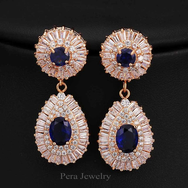luxury gold color big round cubic zirconia stone bridal earrings blue