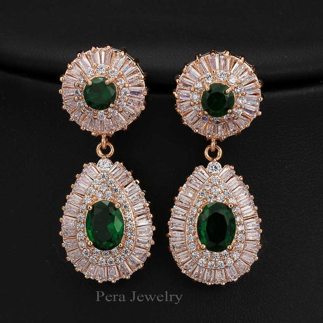 luxury gold color big round cubic zirconia stone bridal earrings green