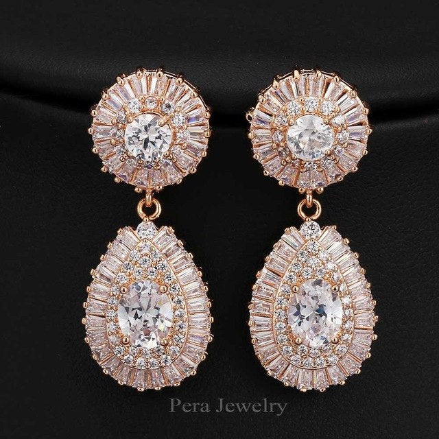 luxury gold color big round cubic zirconia stone bridal earrings white
