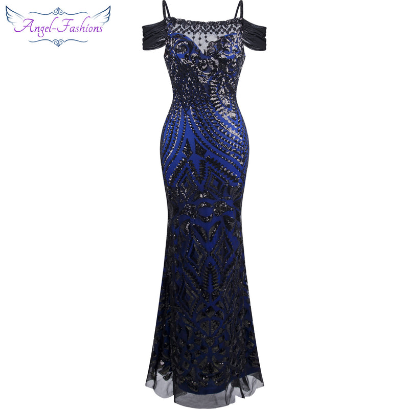 angel-fashions vestido de festa boat nect sequin  mermaid long evening dress