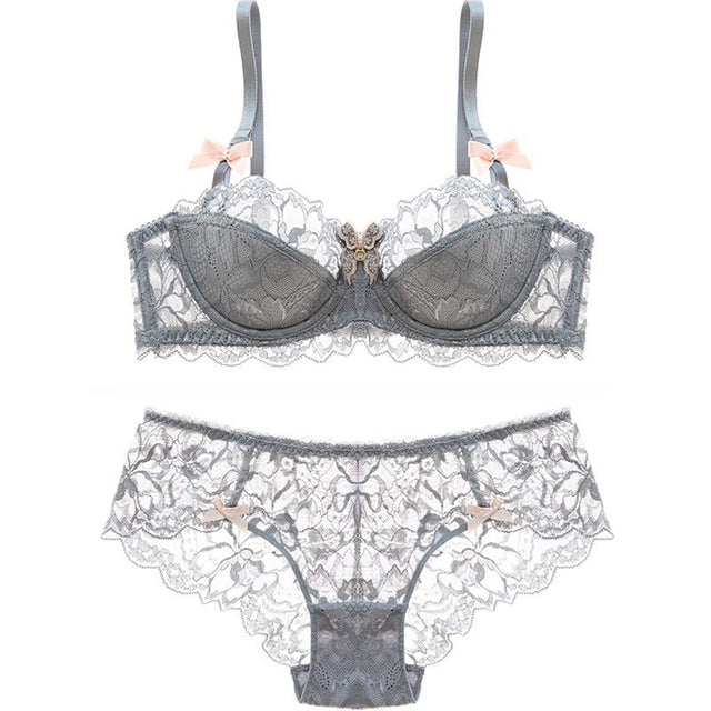fashion lace sexy bra sets thin cotton women underwear set plus size c d cup gray lingerie set embroidery comfortable brassiere