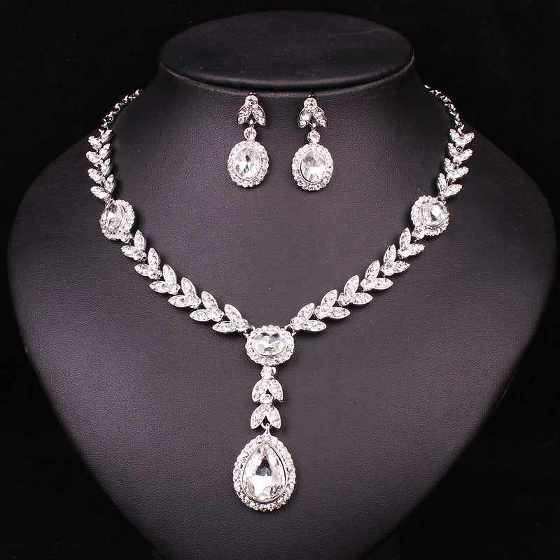 fashion wedding clear rhinestone crystal dubai jewelry set brides bridesmaid prom party silver plated necklace earrings set lady