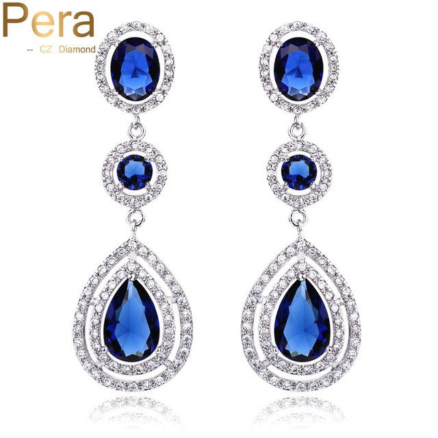 cz luxury royal bridal jewelry long halo tear drop dark blue big cubic zirconia stone wedding earrings for women royal blue